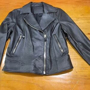 Massimo Dutti Black Leather Biker Jacket with Silver Hardware